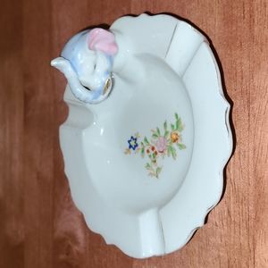 OOAK Vintage Elephant Head Ashtray Trinket Dish Hand Painted Flowers Made Japan